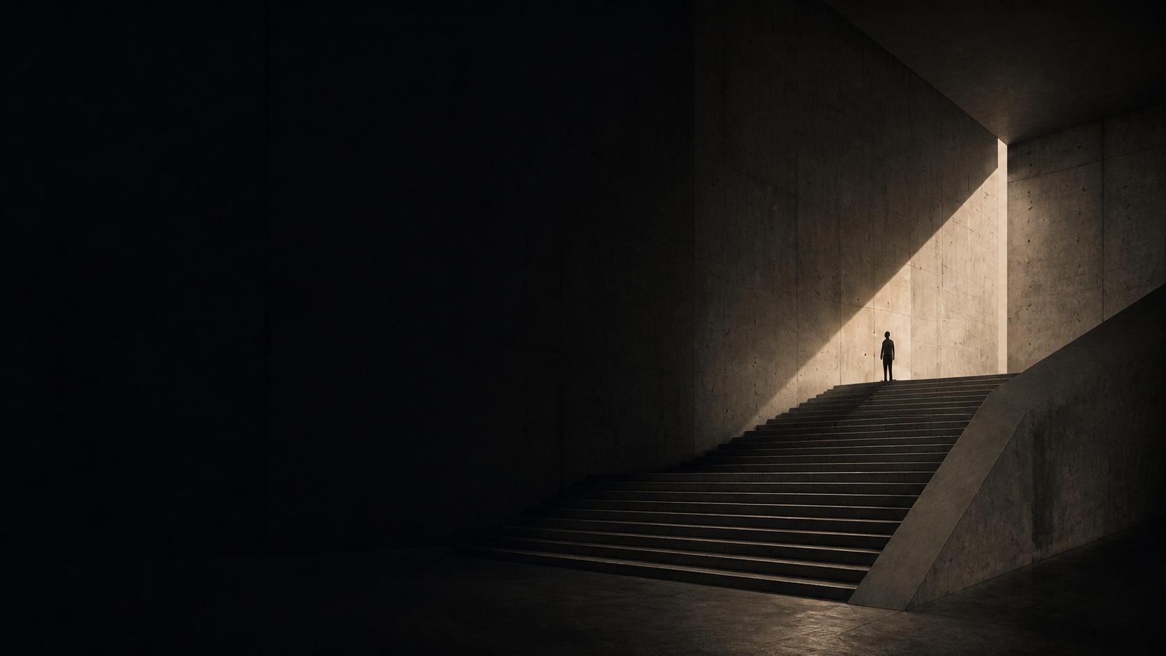 A monumental concrete stair rising toward a quiet figure in warm architectural light